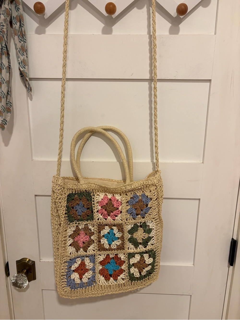 NWOT Handmade Woven Square Tote Bag - Cream with Multicolor Accents